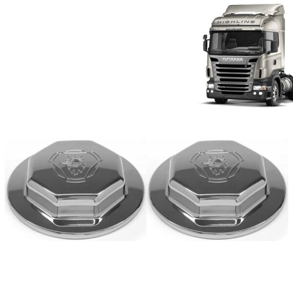 Par Sobre Tampa Cubo Cromada Dianteira para Caminhão Scania 2008 2009 Fixação Rosca