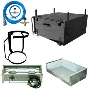 Kit Caixa para Fogareiro + Fogareiro Inox + Caixa de Inox para Fogareiro + Suporte para Botijão de Gás + Mangueira Engate Rápido