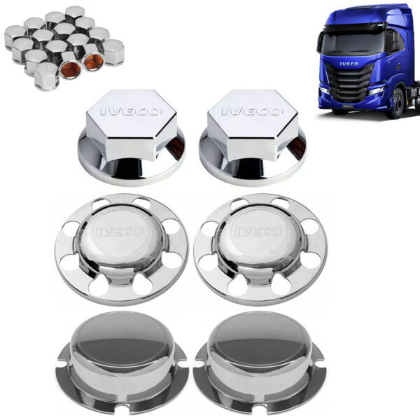 Kit Sobre Tampa Cubo Cromada para Caminhão Iveco Eurocargo / Tector / Cursor / Stralis / Hi-way / Hi-road / S-way 6x2
