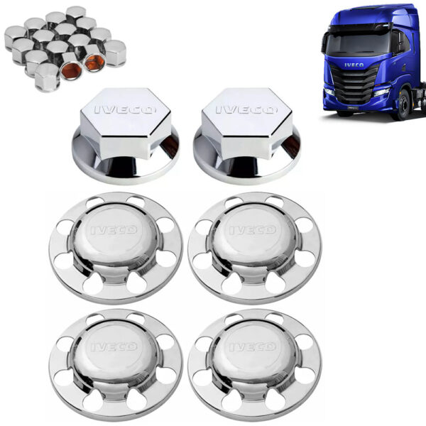 Kit Sobre Tampa Cubo Cromada para Caminhão Iveco Eurocargo / Tector / Cursor / Stralis / Hi-way / Hi-road / S-way 6x4
